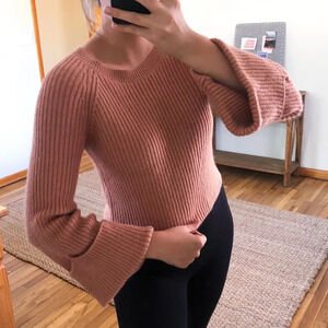 Tularosa Tan Wide Sleeve Scoop Neck Ribbed Preppy Trendy Sweater Small